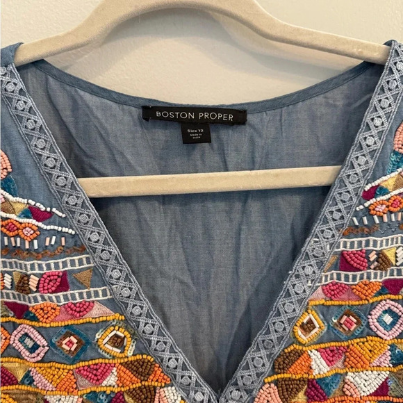 Boston Proper Beaded Long Sleeve Chambray Ruffle Hem Mini Dress Size 12 - Picture 11 of 12
